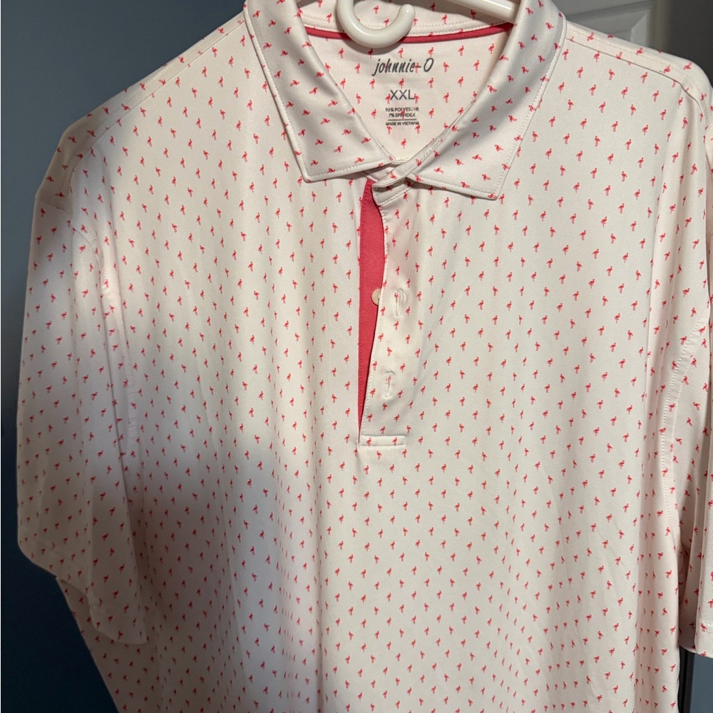 johnnie-O White Polo with Pink Micro flamingo Print